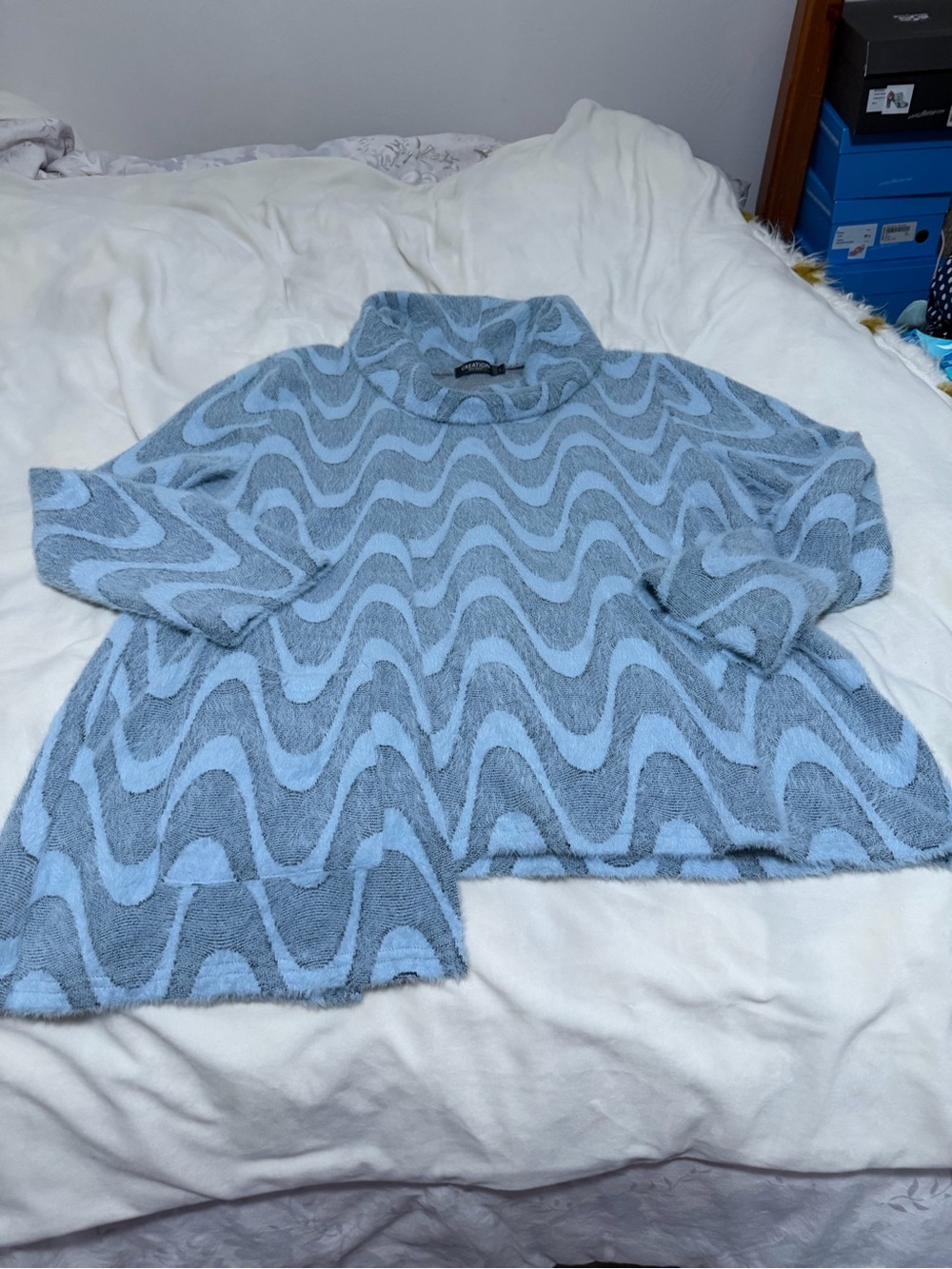 Creation Cozy Wave-Pattern Blue Turtleneck Sweater Large